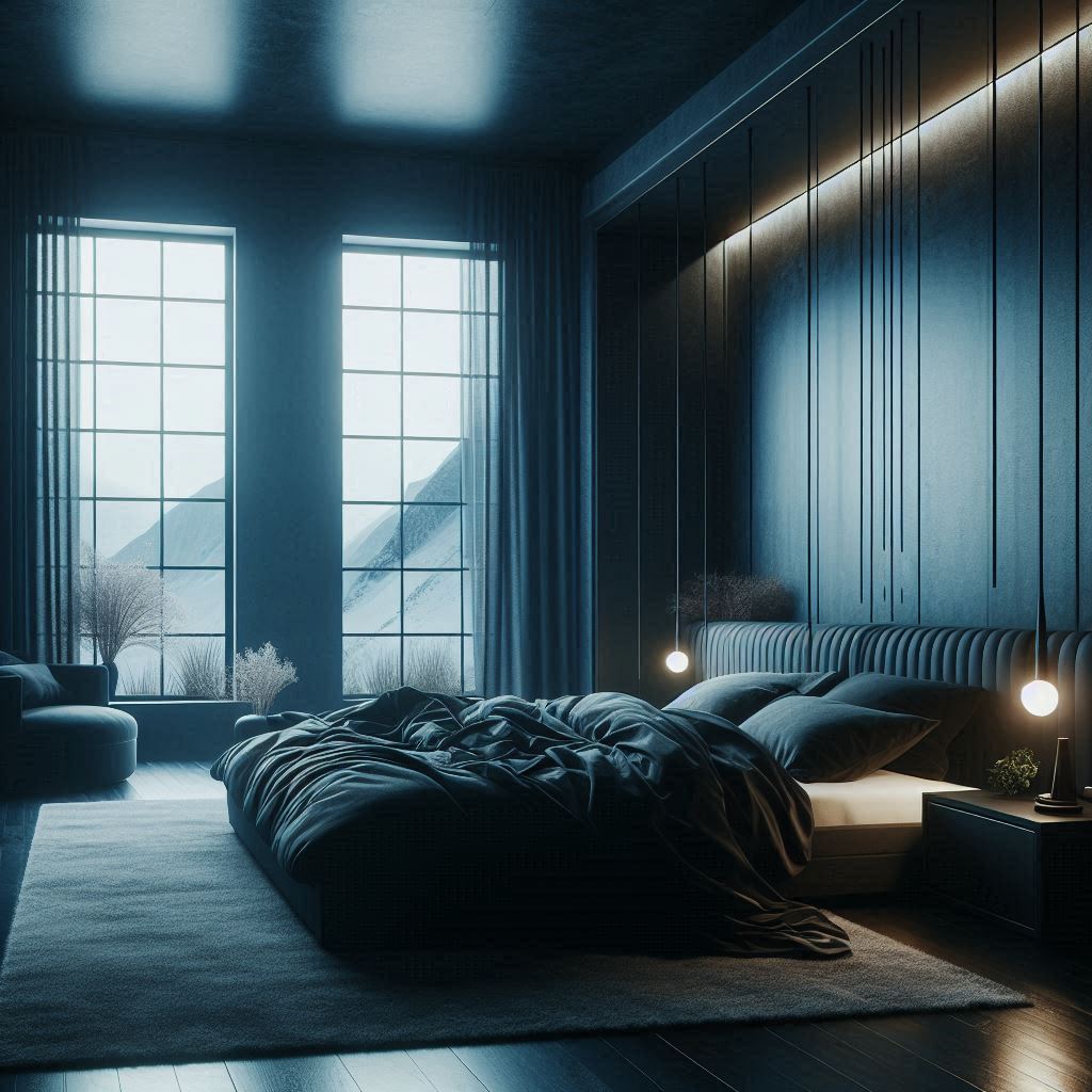 This image portrays a serene and modern bedroom with minimalist design elements. The moody blue tones dominate the ambiance, creating a calm and soothing atmosphere. The large windows allow natural light to filter in, highlighting the snowy landscape outside, which adds to the tranquility of the scene. The bed, with its rumpled dark linens, feels inviting and emphasizes comfort. Hanging pendant lights provide a touch of contemporary elegance, while the overall decor reflects a blend of sophistication and simplicity. This setting could be associated with themes of relaxation, luxury, or a cozy retreat.