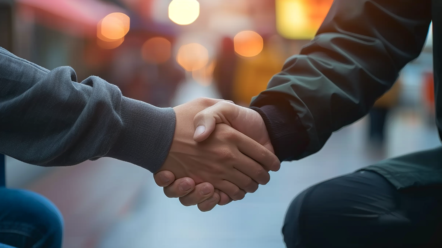 This image shows a close-up of a handshake, symbolizing agreement, partnership, or mutual understanding. The background is softly blurred with warm bokeh lights, likely in an urban setting, emphasizing the handshake as the focal point. The clothing suggests a casual or outdoor environment, adding an approachable and relatable tone. This image effectively conveys themes of collaboration, trust, and connection.