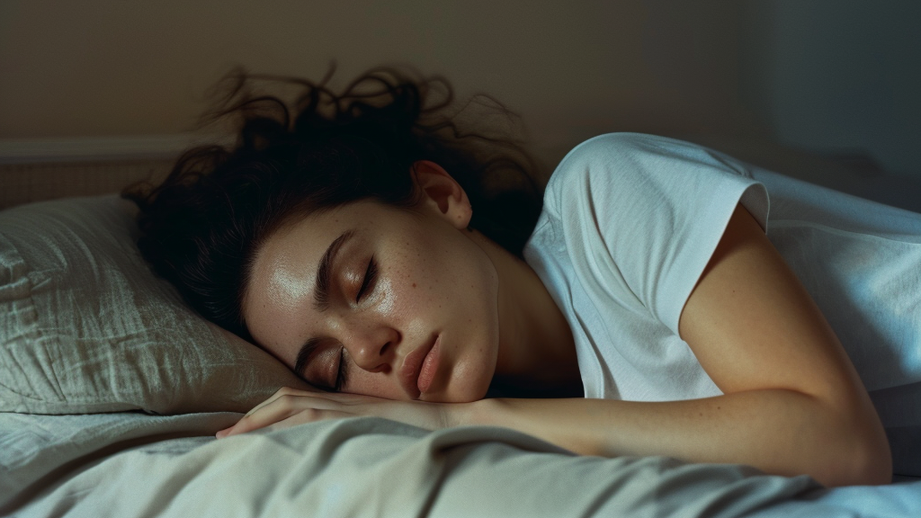 This image captures a serene moment of rest, with a young woman peacefully asleep in soft lighting. Her relaxed posture and the neutral tones of the bedding and background create a calming and intimate atmosphere. This scene conveys themes of tranquility, self-care, and the importance of restorative sleep, making it suitable for discussions related to health, wellness, or mindfulness.