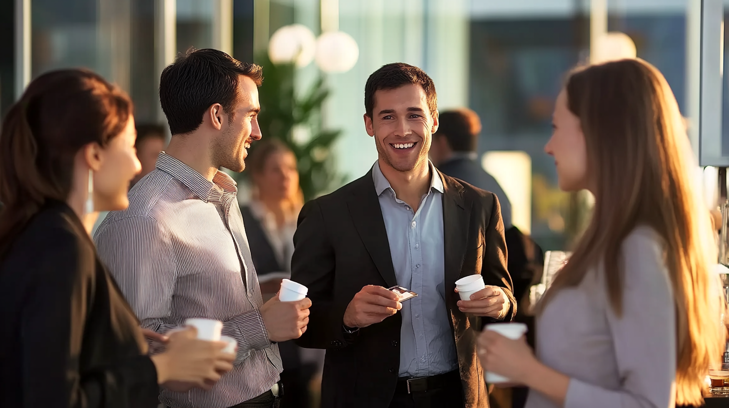 This image depicts a lively networking or social event, with a group of professionals engaged in conversation. The setting is modern and well-lit, likely in an office or conference venue, with natural light streaming in through large windows. The individuals are holding coffee cups, smiling, and appearing engaged in friendly discussion, suggesting a warm, collaborative atmosphere. This scene effectively conveys connection, camaraderie, and professional networking.