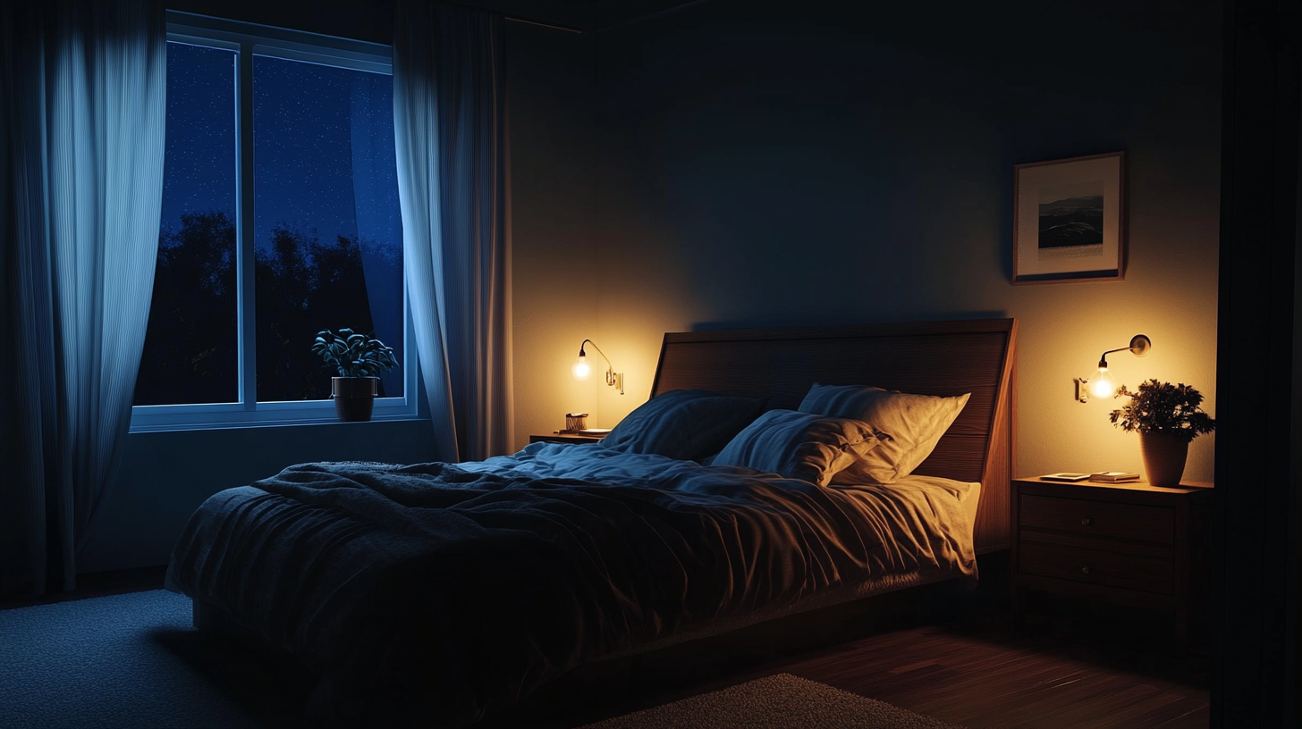 This image depicts a cozy, dimly lit bedroom at night. The soft glow of two bedside lamps casts warm light over the bed, contrasting beautifully with the cool blue hues of the starry night visible through the large window. The neatly arranged room, with a plant and books on the nightstands, creates a calm and serene atmosphere ideal for restful sleep.