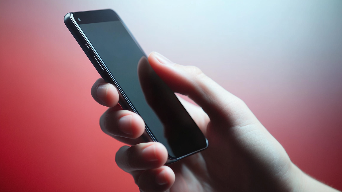 This image captures a close-up of a hand holding a sleek smartphone against a gradient background blending soft red and white hues. The phone's screen is dark, reflecting the ambient light subtly. The composition emphasizes the modern simplicity of the device and highlights the natural curvature of the hand in a comfortable grip, suggesting a user-ready posture.