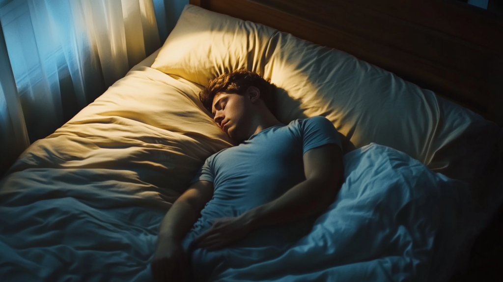 This image captures a serene moment of a man sleeping peacefully in bed, illuminated by soft, ambient lighting from a nearby window. The warm tones of the bedding and the gentle shadows create a cozy and restful atmosphere, emphasizing the importance of a calm environment for quality sleep.